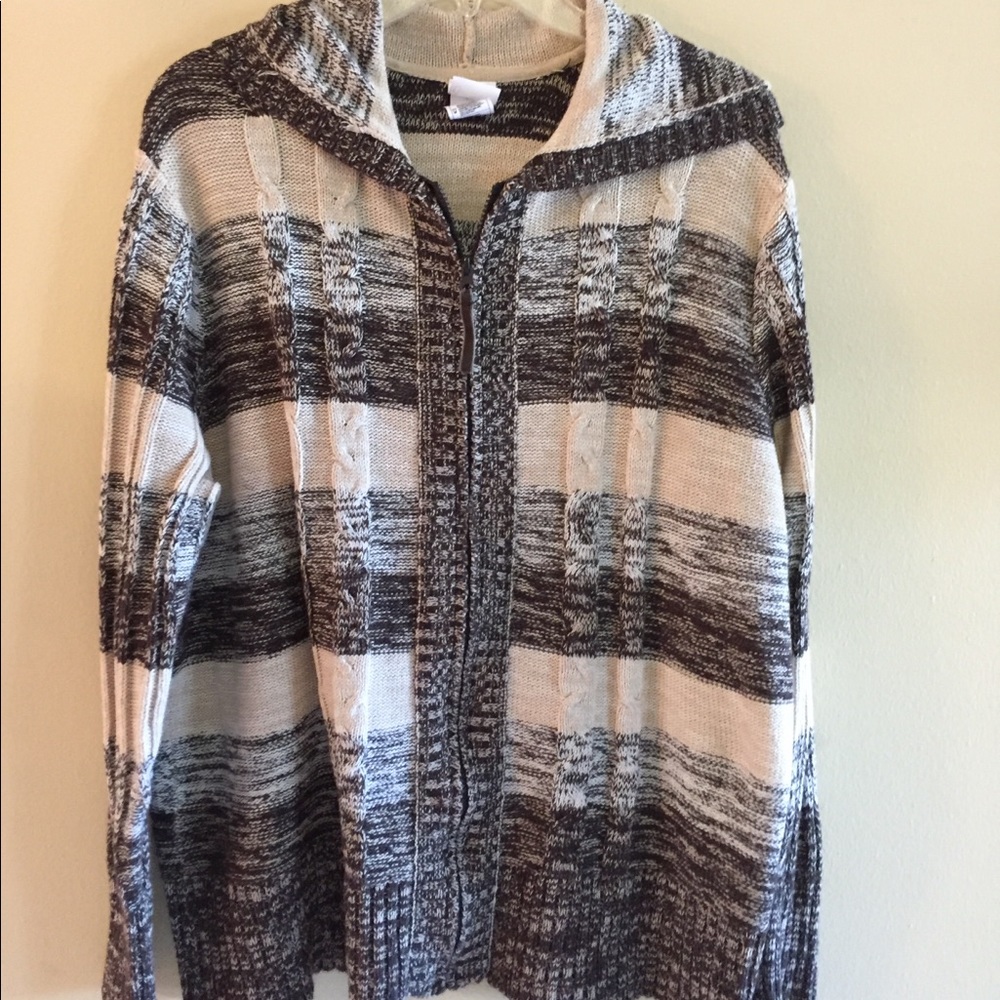 Shades of brown zip up, hooded sweater.